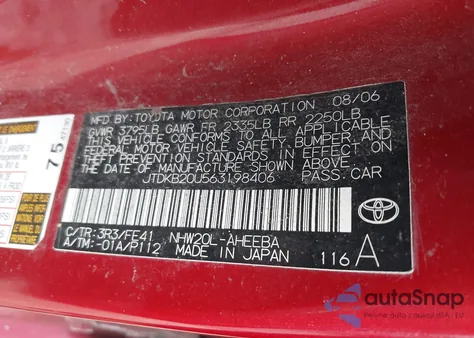 2006 Toyota Prius из США, поврежденный, VIN JTDKB20U563198406